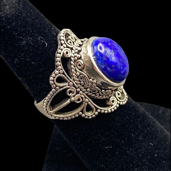 Bali style filigree round boho blue lapis lazuli ring 925 sterling silver - Picture 8 of 10